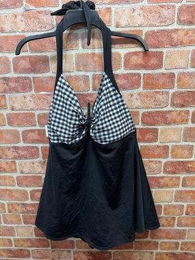 Retro pin up halter plus size Swim Dress with Black & White Gingham Top